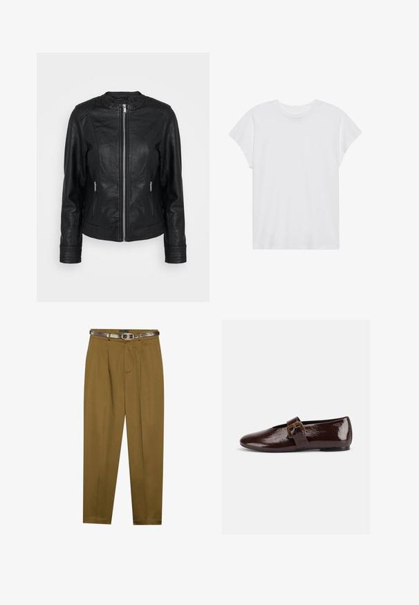 Chaqueta de cuero negra con cierre frontal, dos bolsillos delanteros con cremalleras, acentos texturizados en los hombros y puños de manga acanalados.; Camiseta blanca de manga corta con cuello redondo, corte relajado, hecha de suave tela de algodón. Textura lisa, sin estampados ni logotipos.; Pantalones marrones, ajustados, con frente plisado y cinturilla ceñida. Incluye un cinturón de cuero marrón oscuro con hebilla redonda.; Zapato plano de charol marrón oscuro con una gran hebilla dorada y puntera redondeada, mostrado de perfil sobre un fondo blanco.
