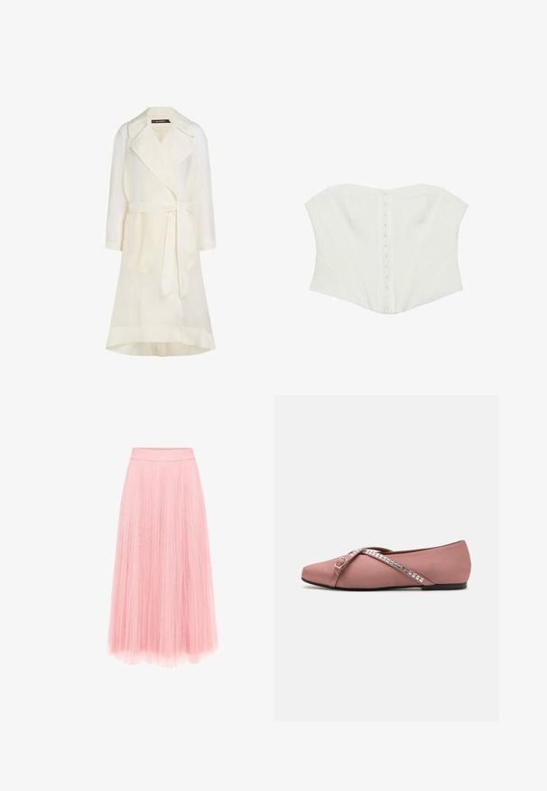 Trench-coat ivoire clair en tissu transparent, doté d'un col, de manches longues, d'une ceinture à la taille et de deux poches avant.; Corset blanc sans bretelles avec fermetures à agrafes devant et coutures structurées pour le modelage.; zero MIT PLIESSENDEM BECHER - Jupe plissée - bridal rose; Ballerines en satin rose doux avec un design à brides croisées ornées d'accents en argent carrés et un bout arrondi. Semelle noire basse.