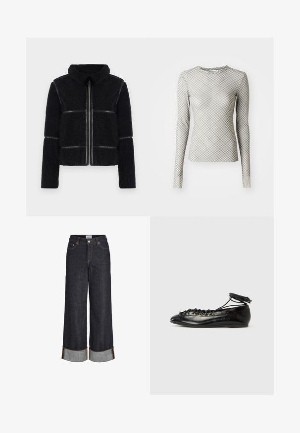 Schwarze Fleecejacke mit hohem Kragen, Frontreißverschluss und glatten Lederelementen. Verfügt über eine strukturierte Oberfläche und eine definierte Silhouette.; Langärmliges Oberteil in hellgrau mit einem geometrischen Diamantmuster in dunklerem Grau und grünen Akzenten, mit Rundhalsausschnitt und taillierter Form.; Dunkelblaue Jeans mit weitem Bein, aufgeschlagenen Säumen, fünf Taschen und kontrastierenden gelben Nähten.; Schwarze Ballerinas aus Lackleder mit runder Spitze, Schnürdesign und flacher Sohle. Glatte Textur mit minimaler Verzierung.