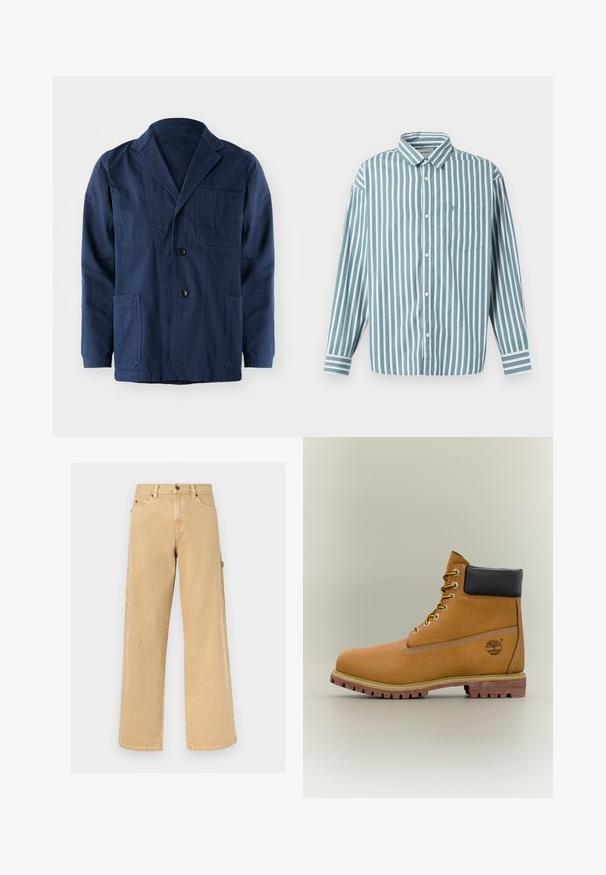 Chaqueta de algodón azul marino con cuello de pico, dos bolsillos frontales de parche, un bolsillo en el pecho y tres cierres de botón.; Camisa de botón a rayas azul claro y blanca, con mangas largas, cuello y un bolsillo en el pecho. Hecha de una tela suave y tejida.; Pantalones de trabajo beige de pierna recta con trabillas para cinturón, bolsillos delanteros y laterales, y un lazo para martillo sobre un fondo liso.; Bota de tobillo de cuero marrón con cuello negro, cordones amarillos y suela beige. Presenta un logotipo y detalles de costura blanca. Suela exterior con tracción robusta.