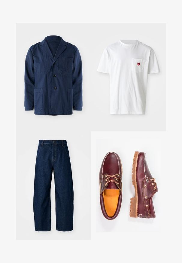 Chaqueta de algodón azul marino con cuello de pico, dos bolsillos frontales de parche, un bolsillo en el pecho y tres cierres de botón.; Camiseta de algodón blanca con escote redondo y mangas cortas. Presenta un pequeño logo de corazón rojo en el bolsillo izquierdo del pecho.; Vaqueros de mezclilla oscuros de pierna ancha con cintura alta, que cuentan con cinco bolsillos, cierre frontal con botones y detalles de costura visibles.; Zapatos de cuero burdeos con suelas de goma marrón, puntera redonda, costuras blancas y ojales dorados. El interior cuenta con un forro amarillo.