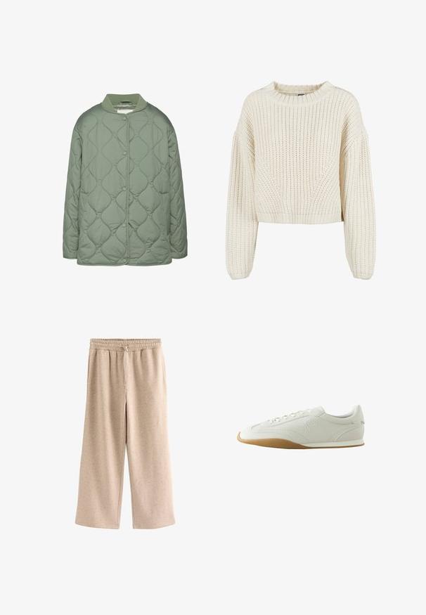 Chaqueta acolchada en verde oliva, con cuello redondo, botones a presión y una textura suave y acolchada con patrones de costura ondulados.; Suéter de punto grueso en color crema con cuello redondo, mangas anchas, puños acanalados y un patrón texturizado. Diseño corto.; Pantalones beige de pierna ancha con cintura elástica y cordón, hechos de una tela suave y moteada.; Zapatilla deportiva blanca de corte bajo con suela de goma marrón, detalles de costuras, cierre de cordones y logo bordado en el lateral.