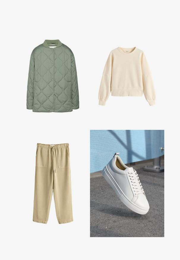 Chaqueta acolchada en verde oliva, con cuello redondo, botones a presión y una textura suave y acolchada con patrones de costura ondulados.; Sudadera color crema con cuello redondo, mangas largas tipo globo y puños y bajo acanalados, estilo casual sencillo.; Pantalones casuales beige con cinturilla elástica, cierre con cordón y dos bolsillos frontales tipo parche, exhibidos sobre fondo blanco.; Zapatilla de cuero blanca con cordones planos, punta redondeada, suela de goma y una pequeña lengüeta en el talón. Textura suave con detalles de diseño mínimos.
