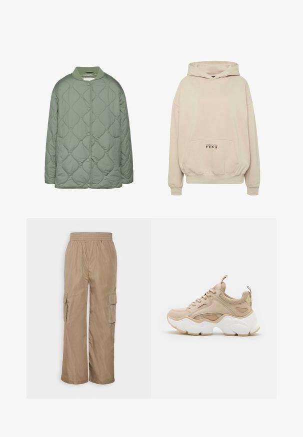 Chaqueta acolchada en verde oliva, con cuello redondo, botones a presión y una textura suave y acolchada con patrones de costura ondulados.; Sudadera con capucha beige con bolsillo frontal, puños acanalados y capucha con cordón. Texto "PECADOR PGDR" impreso en el área del bolsillo.; Even&Odd by Zalando Pantalones cargo - beige; Zapatilla beige que presenta una mezcla de materiales lisos y texturizados, una suela blanca gruesa y acentos de malla para mayor transpirabilidad.