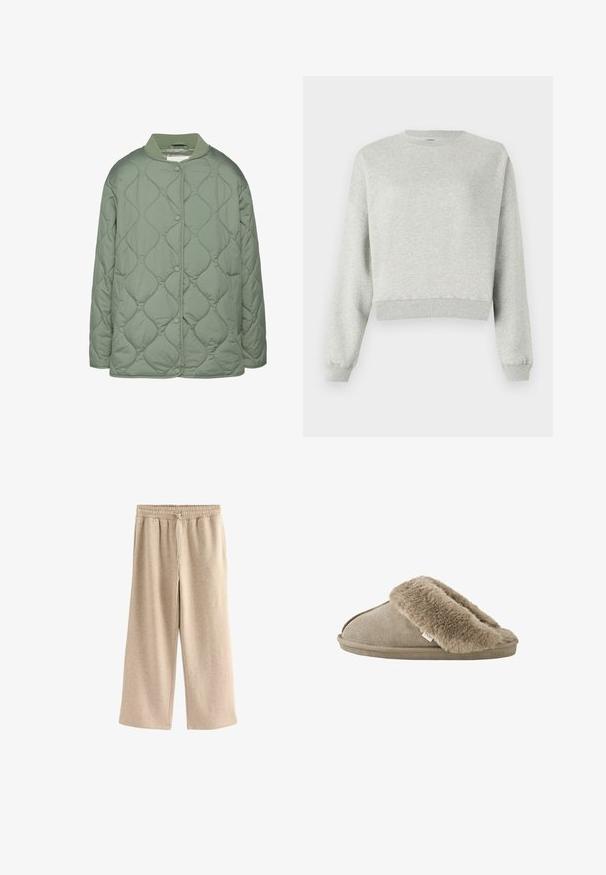 Chaqueta acolchada en verde oliva, con cuello redondo, botones a presión y una textura suave y acolchada con patrones de costura ondulados.; Sudadera gris hecha de un tejido suave y texturizado. Presenta un escote redondo, mangas largas y un dobladillo corto. Diseño simple, sin patrones ni acentos.; Pantalones de pierna ancha color crema, hechos de una suave mezcla de algodón. Presentan una cintura elástica con cordón y una sutil textura moteada.; Zapatilla beige sin talón con forro interior de suave piel sintética alrededor de la abertura y suela exterior con apariencia de ante.