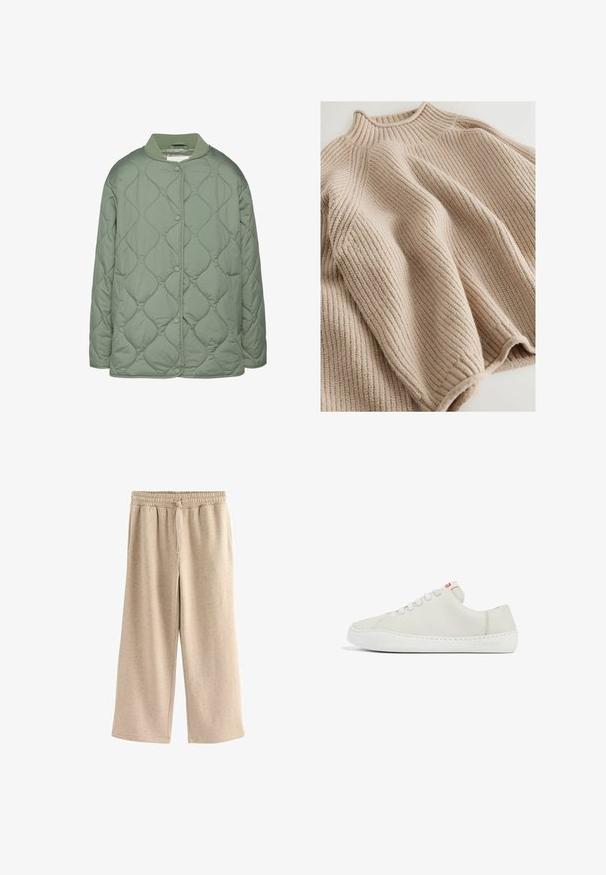 Chaqueta acolchada en verde oliva, con cuello redondo, botones a presión y una textura suave y acolchada con patrones de costura ondulados.; Suéter de punto en beige claro con una textura acanalada, que presenta un cuello alto y una silueta amplia y relajada. Combinado con costura texturizada.; Pantalones de pierna ancha beige fabricados con una tela suave, con una cinturilla elástica y cordones, y una sutil textura moteada en toda su superficie.; Zapatilla de piel blanca con un perfil bajo, puntera redondeada, cierre de cordones plano y suela de goma blanca. Presenta costuras sutiles y un pequeño logotipo.