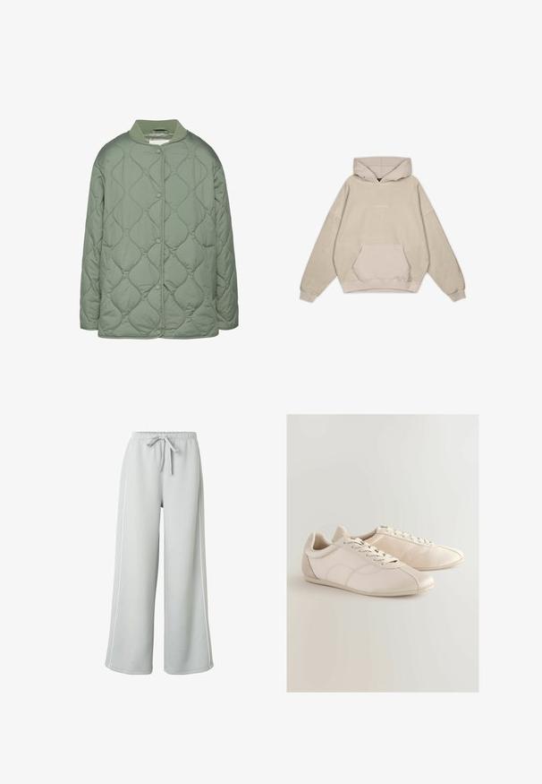 Chaqueta acolchada en verde oliva, con cuello redondo, botones a presión y una textura suave y acolchada con patrones de costura ondulados.; Sudadera con capucha beige de corte relajado, bolsillo tipo canguro, mangas con puños y una textura suave. Presenta un sutil logotipo en la parte frontal.; Pantalones deportivos de pierna ancha en gris claro con cintura elástica y cordón frontal, con detalles en la costura lateral.; Zapatillas deportivas de color beige claro, fabricadas con material sintético, que cuentan con una superficie suave, diseño de cordones y patrones de costura sutiles.