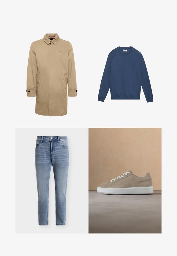 Beige trenssitakki, jossa on huipputasku, yksittäinen nappisulku, sivutaskut ja mustat napin korostukset. Sisältää sinisen, valkoisen ja punaisen logon.; Pitkähihainen sininen crewneck-huppari raglan-hihoilla, ribbikäänteillä ja helmalla, sekä pieni ommeltu "X"-yksityiskohta kaulan alla.; Vaaleansiniset farkut suoralla lahkeella, viidellä taskulla, vyölenkeillä ja yksittäisellä nappisululla. Sisältää hillityn haalistuneen tekstuurin.; Beige mokkanahkainen tennari, jossa on valkoiset nauhat ja paksu valkoinen pohja, leijuu beigen värisen maton yllä beigen sohvapöydän edessä.