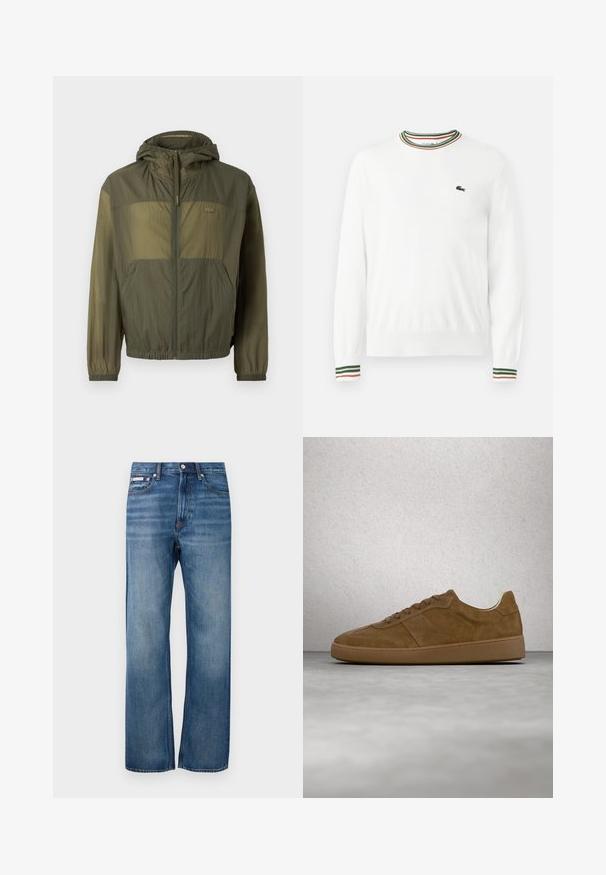 Letvægtig olivengrøn jakke med hætte, lynlås foran, elastiske manchetter og to forbagerlommer; har en tekstureret stof og logo detalje.; Hvid sweater med rund hals, prydet med grønne, røde og orange striber på kraven og ærmerne. Lacoste-logo på brystet.; Blå lige ben denim jeans med let bleget effekt, frontlukning med knap og et lille logo mærke på den højre forlommer.; Brun ruskindsneaker med tanfarvede snørebånd og gummisål. Har en rundet snude og synlige stikninger på overdelen. Letvægtsdesign.