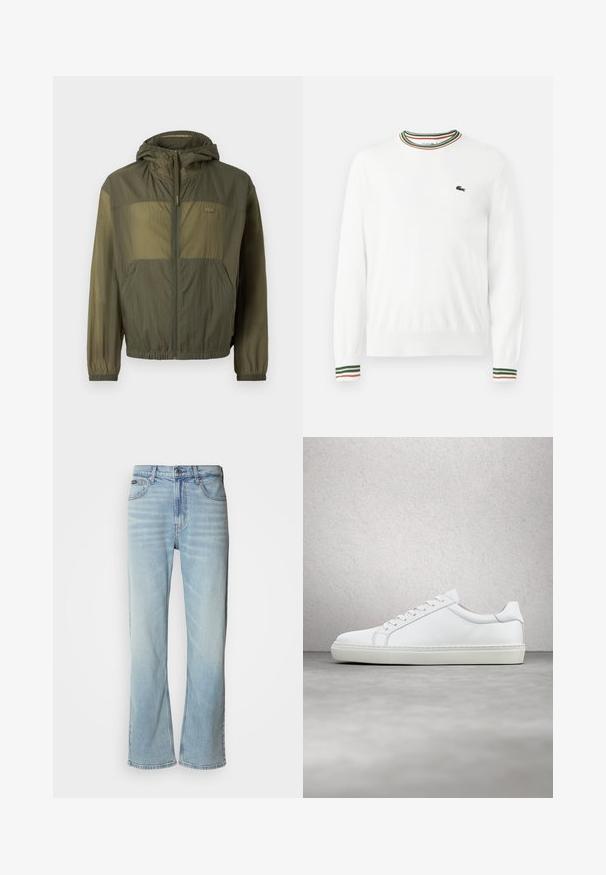 Letvægtig olivengrøn jakke med hætte, lynlås foran, elastiske manchetter og to forbagerlommer; har en tekstureret stof og logo detalje.; Hvid sweater med rund hals, prydet med grønne, røde og orange striber på kraven og ærmerne. Lacoste-logo på brystet.; Lyseblå denimjeans med lige ben, der har fem lommer, knaplukning og en subtil falmning på stoffet.; Hvide sneakers med en glat læderoverdel og lav profil. Har en rund tå, seks snørehuller og en tekstureret gummisål.