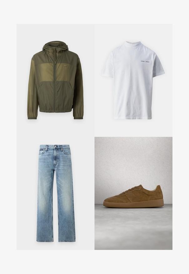 Veste à capuche légère en olive avec un zip sur le devant, des poignets élastiques et deux poches avant ; arbore un tissu texturé et un détail de logo.; T-shirt en coton blanc avec un col haut et des manches courtes. Présente le logo "SAMSØE SAMSØE" en noir sur le devant. Texture lisse.; Jean droit en denim bleu clair avec taille haute, cinq poches, fermeture à boutons et léger délavage sur les cuisses et les genoux.; Baskets en daim marron avec des lacets couleur fauve et une semelle en caoutchouc. Présente un bout arrondi et des détails cousus sur la tige. Design léger.