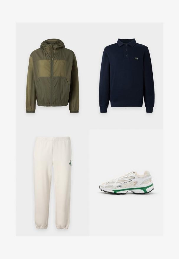 Letvægtig olivengrøn jakke med hætte, lynlås foran, elastiske manchetter og to forbagerlommer; har en tekstureret stof og logo detalje.; Mørkeblå langærmet polo t-shirt med knaplukning og lille grøn krokodille-logo på brystet.; Lys beige sweatpants lavet af bomuld, med elastisk talje, ribbede mansjetter og et grønt logo med bladdesign på venstre ben.; Hvide sneakers med grønne accenter og sort gummisål. Har mesh- og syntetiske paneler med en struktureret overflade og synlige sømme.