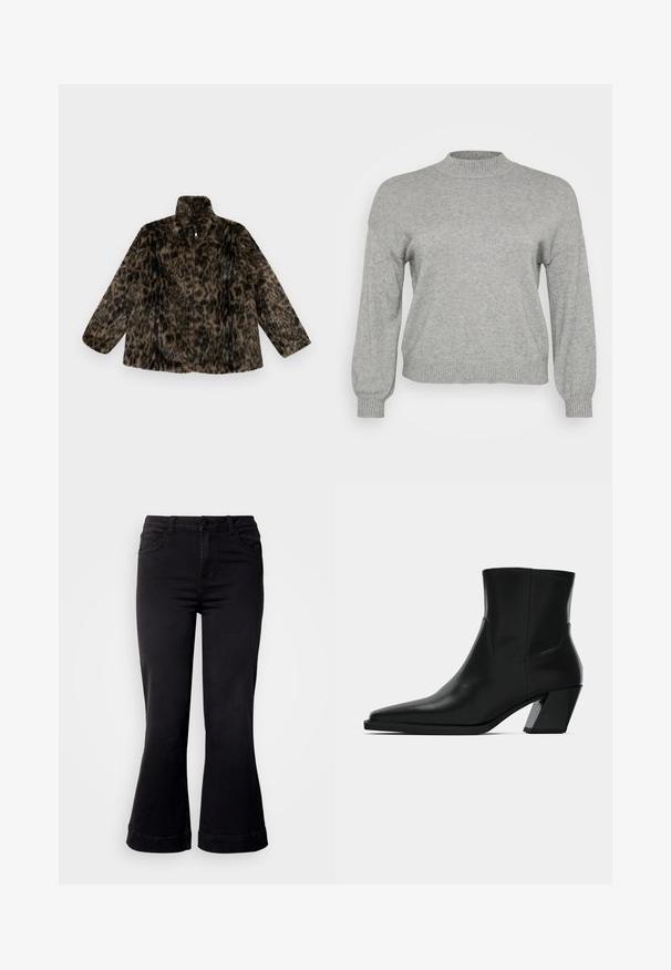 Faux fur zip-up jakke i brun og sort leopardprint; har en høj krave og en løs pasform med lange, brede ærmer.; Lysegrå strikket sweater med lange ærmer, ribbestrikket rund hals, manchetter og kant, præsenteret på en hvid baggrund.; Sorte flare jeans med en tilpasset talje, der har forlommer, knaplukning og et tekstureret stof. Nederste kant er rullet op.; Sortlæder ankelstøvle med spids tå, en slank silhuet og en kraftig firkantet hæl. Glat tekstur med minimale stikninger.