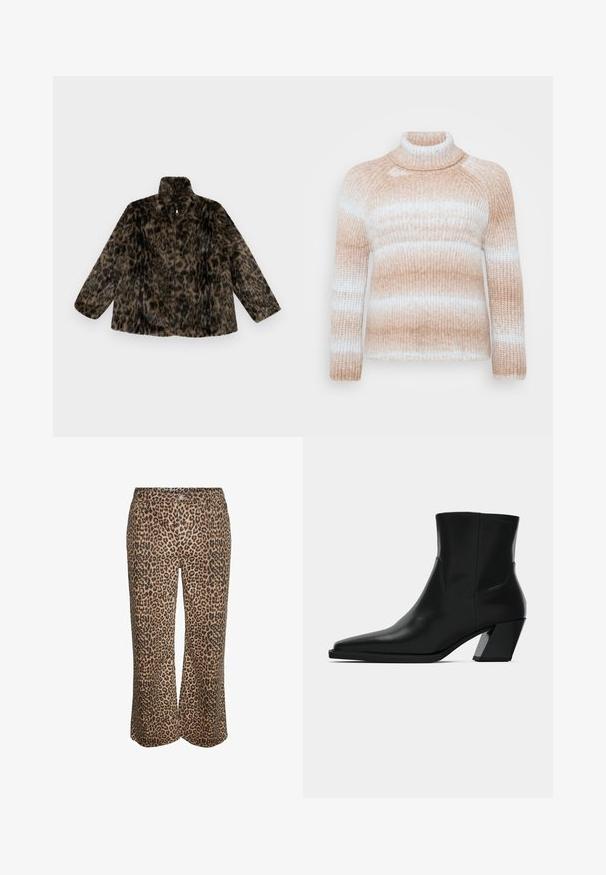 Faux fur zip-up jakke i brun og sort leopardprint; har en høj krave og en løs pasform med lange, brede ærmer.; ONLY Carmakoma CARDITTE ROLLNECK - Striktrøje - cloud blue/tobacco brown; Leopardprintede, brede cropped bukser med knap og lynlås foran, lavet af blødt stof.; Sortlæder ankelstøvle med spids tå, en slank silhuet og en kraftig firkantet hæl. Glat tekstur med minimale stikninger.