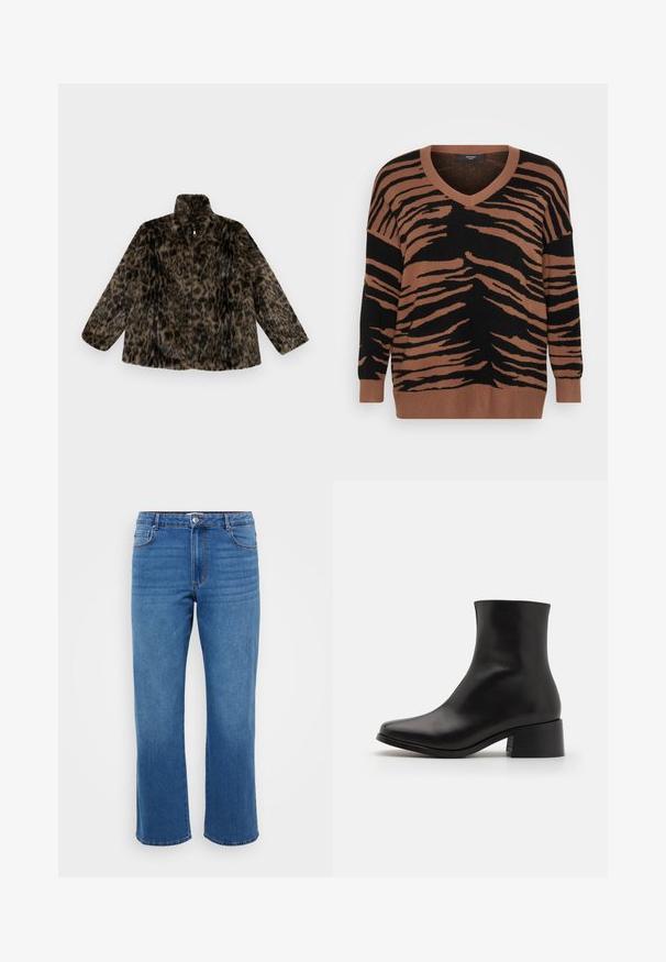 Faux fur zip-up jakke i brun og sort leopardprint; har en høj krave og en løs pasform med lange, brede ærmer.; Brun og sort stribet trøje i blød strik, med V-udskæring og afslappet pasform, samt ribkantede manchetter og kant.; Blå denimjeans med lige ben, der har en knaplukning, klassisk fem-lomme design og en subtil falmet tekstur på lårene.; Sorte læder ankelstøvler med rund tå, mellem højde blokhæll og sømløst design. Glat tekstur med minimale syninger.