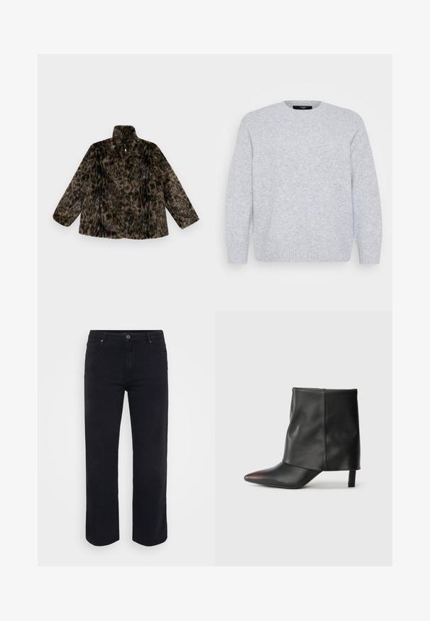 Faux fur zip-up jakke i brun og sort leopardprint; har en høj krave og en løs pasform med lange, brede ærmer.; Vero Moda Curve Knitted VMCBOOM Knitted - Striktrøje - light grey melange; Sorte denimjeans med lige ben-design. Funktioner inkluderer en knaplukning i taljen, bæltestropper og front-/baglommer. Glat tekstur.; Sort ankelstøvle lavet af glat læder med spids tå og tilspidset hæl. Overdelen har et let rynket design.