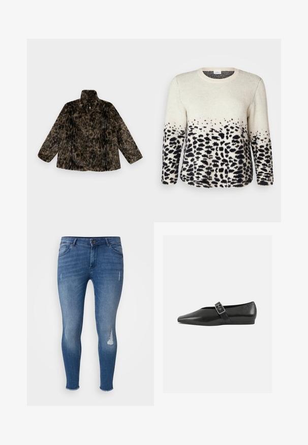 Faux-Fur-Jacke mit Reißverschluss in braunem und schwarzem Leopardenmuster; hat einen hohen Kragen und eine lockere Passform mit langen, weiten Ärmeln.; Cremefarbener und schwarzer Tiermuster-Pullover, weiche Textur, Rundhalsausschnitt, lange Ärmel, Farbverlauf mit Leopardenflecken am Saum, lässige Passform.; Schmale Jeans aus blauer Denim, mit distressed Details auf der Vorderseite, ausgewaschenen Stellen und einem ausgefransten Saum an den Knöcheln.; Schwarze Lederflachschuhe mit spitzem Zehenbereich, ausgestattet mit einem metallischen Riemen über dem Spann und einer niedrigen, flexiblen Sohle.