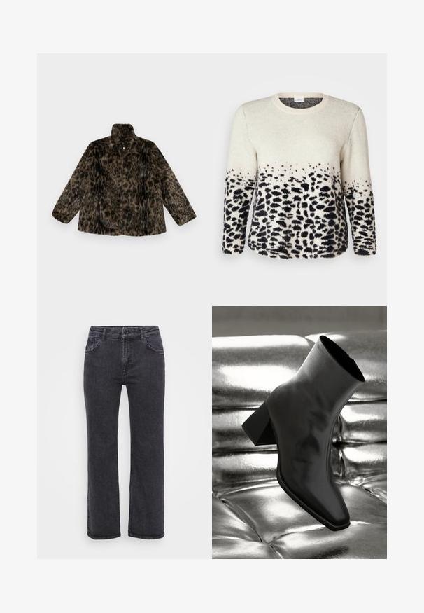 Faux-Fur-Jacke mit Reißverschluss in braunem und schwarzem Leopardenmuster; hat einen hohen Kragen und eine lockere Passform mit langen, weiten Ärmeln.; Cremefarbener und schwarzer Tiermuster-Pullover, weiche Textur, Rundhalsausschnitt, lange Ärmel, Farbverlauf mit Leopardenflecken am Saum, lässige Passform.; Schwarze Denim-Jeans mit geradem Bein, fünf Taschen und einem Knopfverschluss. Der Stoff hat eine leicht ausgewaschene Textur und eine robuste Naht.; Schwarzer Knöchelstiefel aus glänzendem Material mit quadratischer Zehenform und verjüngtem Absatz, vor einem glänzenden silbernen gepolsterten Hintergrund.