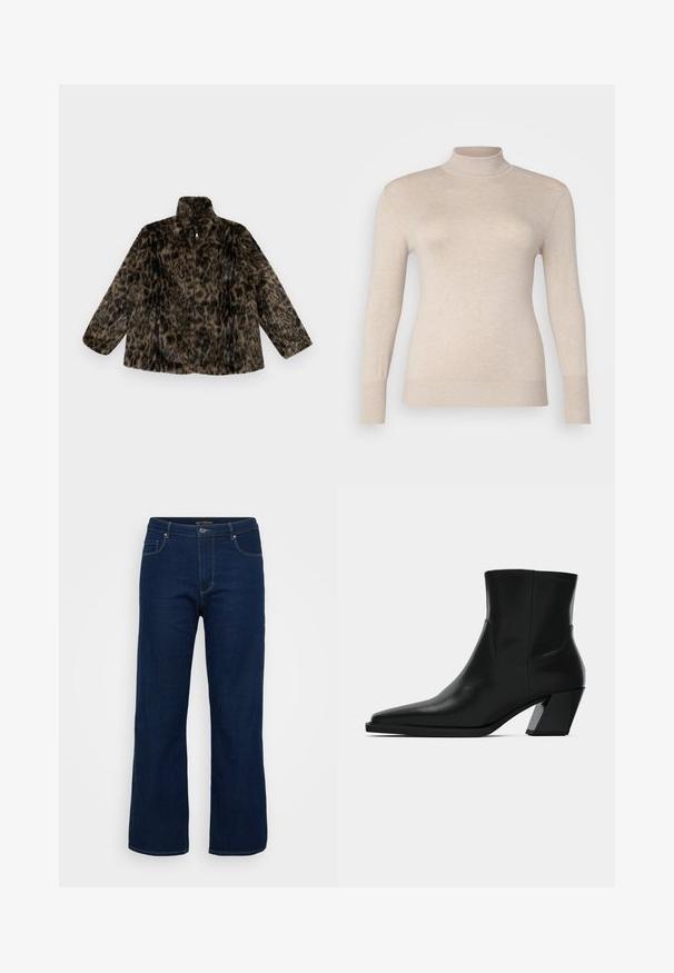 Faux-Fur-Jacke mit Reißverschluss in braunem und schwarzem Leopardenmuster; hat einen hohen Kragen und eine lockere Passform mit langen, weiten Ärmeln.; Beige Rollkragenpullover aus einem weichen Stoff, mit langen Ärmeln und gerippten Bündchen. Glatte Textur ohne Muster oder Verzierungen.; Dunkelblaue Denim-Jeans mit geradem Schnitt, ausgestattet mit einem Reißverschluss, fünf Taschen und sichtbaren Nähten.; Schwarze Leder-Stiefelette mit spitzem Zeh, schlanker Silhouette und klobigem quadratischem Absatz. Glatte Textur mit minimalen Nähdetails.