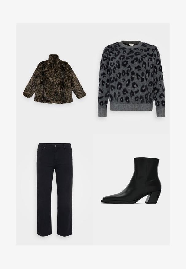 Faux fur zip-up jakke i brun og sort leopardprint; har en høj krave og en løs pasform med lange, brede ærmer.; Grå sweater med sorte leopardpletter, med rund halsudskæring og ribbede ærmer, lavet af et blødt, struktureret materiale.; Sorte denimjeans med lige ben-design. Funktioner inkluderer en knaplukning i taljen, bæltestropper og front-/baglommer. Glat tekstur.; Sortlæder ankelstøvle med spids tå, en slank silhuet og en kraftig firkantet hæl. Glat tekstur med minimale stikninger.