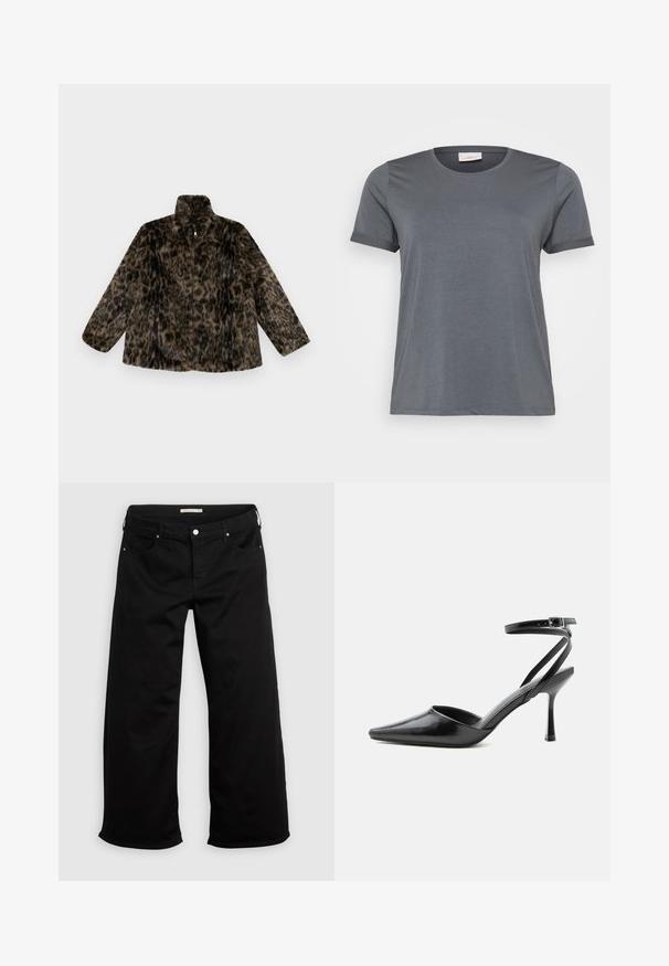 Faux-Fur-Jacke mit Reißverschluss in braunem und schwarzem Leopardenmuster; hat einen hohen Kragen und eine lockere Passform mit langen, weiten Ärmeln.; Graues kurzärmliges T-Shirt aus weichem Material mit klassischem Rundhalsausschnitt und aufgerollten Ärmeln. Glatte Textur ohne sichtbare Muster.; Schwarze Hosen mit weitem Bein, Knopf- und Reißverschluss, Gürtelschlaufen sowie Taschen vorne und hinten vor hellem, einfarbigem Hintergrund.; Schwarzer spitzer High Heel mit dünnen Knöchelriemen und silberner Schnalle auf einfachem hellem Hintergrund.