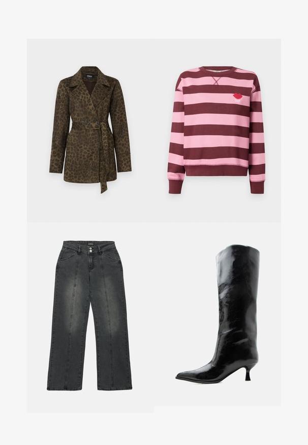 Leopardmønstret, olivengrøn trenchcoat med indpakningsdesign, stort krave, lange ærmer og bælte i taljen. Har dobbelt knaplukning.; Bordeaux og lyserød stribet sweater med rund hals og ribbede manchetter. Har et broderet rødt læbe-logo med teksten "PARIS STUDIO".; Bredde ben jeans i mørkegrå denim. Funktionerne inkluderer en knaplukning, to frontlommer og lodret syning for detaljen. Slidte områder er til stede.; Sort skinnende knæhøj læderstøvle med spids tå og lav buet hæl på en ensfarvet lys baggrund.