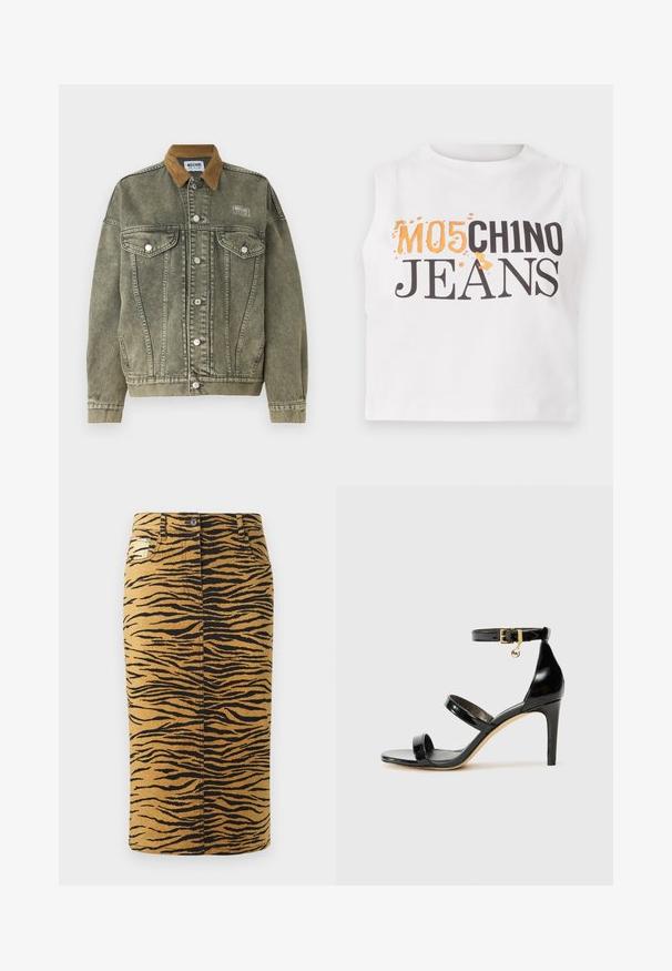 Grøn denimjakke med en brun corduroykrave, lommer med klap foran og sølvknapper. Har et tekstureret, slidt udseende.; Hvid ærmeløs bomulds crop top med teksten "MO5CH1NO JEANS" i sort og orange tryk, med en let struktureret overflade.; Tigerstribet nederdel med en gylden baggrund og sorte mønstre. Lavet af denim, har den en lige pasform og inkluderer lommer.; Sorte patenterede lædersandaler med tre stropper, ankelspænde og 10 cm stiletthæl. Har detaljer i guld og et logo charms.