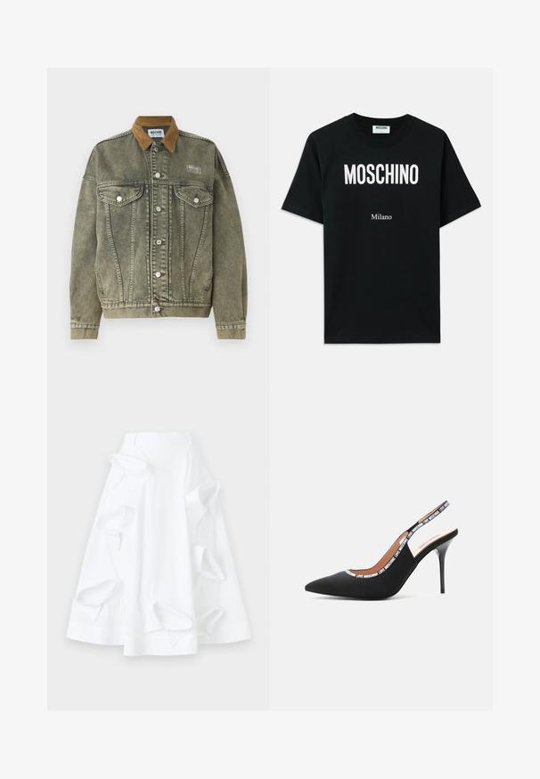 Groene spijkerjack met een bruine ribbelkraag, voorzakken met kleppen en zilveren knopen. Heeft een gestructureerde, versleten uitstraling.; Zwarte katoenen t-shirt met sterk witte "MOSCHINO" logo aan de bovenkant en "Milano" eronder, met korte mouwen en een ronde hals.; Witte A-lijn rok van katoen, met oversized uitsnijdingen en een gladde textuur. Deze rok heeft een gestructureerde tailleband.; Love Moschino LOGO TAPE - Hoge hakken - black
