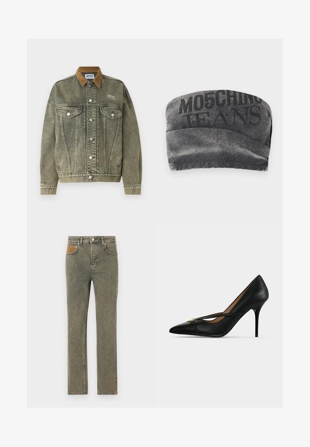 Groene spijkerjack met een bruine ribbelkraag, voorzakken met kleppen en zilveren knopen. Heeft een gestructureerde, versleten uitstraling.; Zwarte denim bandeau met een gestructureerde afwerking en gedrukt "MO5CHING JEANS" in vet. Heeft een gladde curveontwerp en gestikte randen.; Groene denim jeans met een rechte pijp ontwerp, voorzien van een bruine corduroy accentzak en subtiele vervagingen door de stof.; Zwarte leren pumps met hoge hak en een spits toelopende neus, met een smalle band bovenop die vastzit met een kleine gouden gesp op een effen achtergrond.
