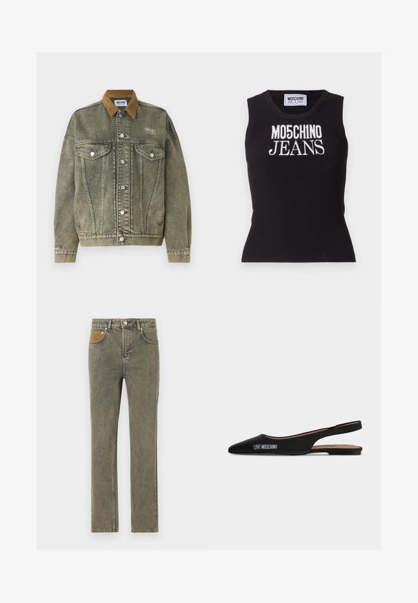 Grøn denimjakke med en brun corduroykrave, lommer med klap foran og sølvknapper. Har et tekstureret, slidt udseende.; Sort ribbet tanktop med "MO5CH1NO JEANS" i hvid broderi. Tætsiddende design med rund hals og uden ærmer.; Grønne denimjeans med lige ben, der har en brun corduroy-lomme som accent og subtilt slid på hele stoffet.; Sort spids slingback flad sko med lav hæl og "LOVE MOSCHINO"-logo på siden mod en enkel lys baggrund.