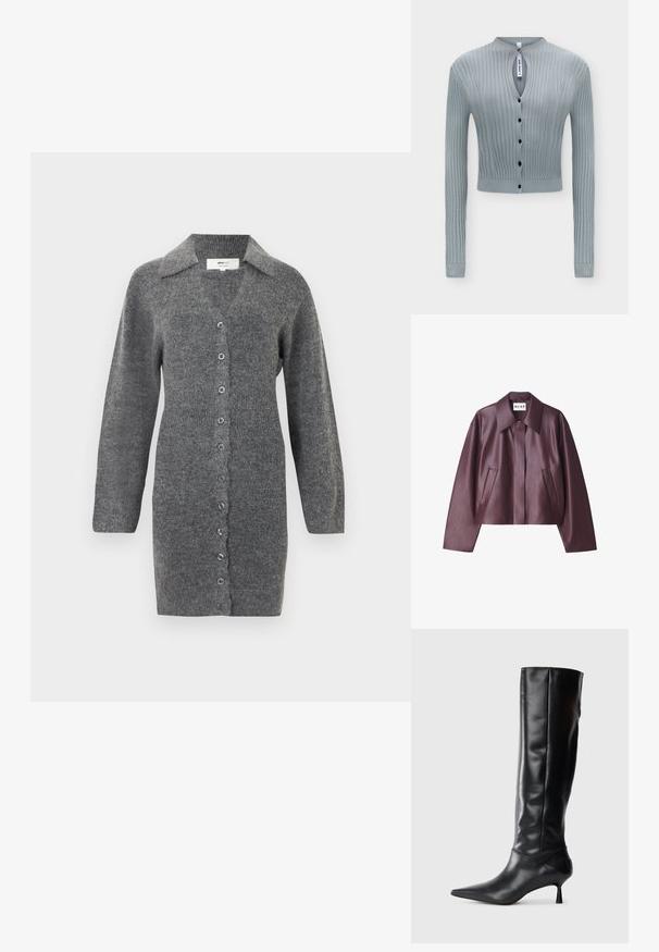 NA-KD Imitatieleren jas - burgundy; Lichtblauw geribd gebreid vest met lange mouwen, zwarte knopen aan de voorkant, een klein sleutelgat bij de hals en een cropped pasvorm.; Grijze wollen gebreide jurk met een kraag, lange mouwen en een knoopsluiting aan de voorkant. Heeft een geribbelde taille en een gladde textuur.; Zwarte leren kniehoge laars met een spitse neus en slanke gebogen hak. Gladde textuur, aansluitend ontwerp en geen zichtbare hardware of patronen.