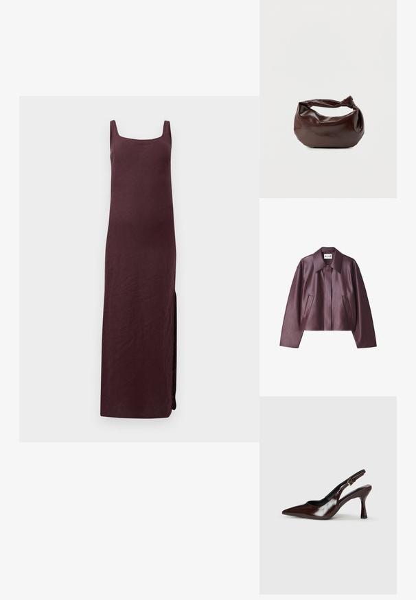 NA-KD Keinonahkatakki - burgundy; Hihaton tumman violetti maksimekko, jossa on neliönmuotoinen pääntie ja sivuhalkio, yksivärisellä taustalla.; Bruna patenttanssikengät, joissa on kärjen muoto, ohut korko ja säädettävä hihna, jossa on pieni solki.; Tummanruskea nahkainen olkalaukku, jossa on pehmeä, rento muoto ja kiertynyt solmukahva valkoisella taustalla.