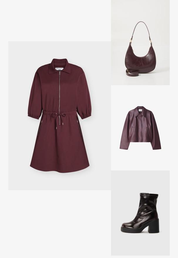 NA-KD Bunda z nepravej kože - burgundy; Bordové šaty po kolená s golierom, predným zipsom, elastickým pásom so sťahovacou šnúrkou, trojštvrťovými rukávmi a bočnými vreckami na zips.; Lesklé čierne členkové topánky s robustným blokovým podpätkom a okrúhlou špicou, hladký kožený zvršok s jemnými detailmi šitia.; Bordová kožená taška na rameno s zakriveným tvarom, so zipsovým uzáverom a odnímateľným popruhom. Má hladkú textúru a zlaté kovové akcenty.