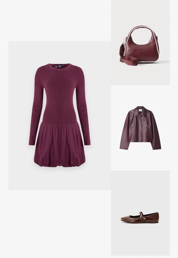 NA-KD Bunda z nepravej kože - burgundy; Fialové šaty s rebrovaným živôtikom, dlhými rukávmi a nariasenou sukňou. Materiál pôsobí hladko a má ľahkú textúru.; Hnedé lakované baletky s hranatou špičkou a pásikom s malou zlatou prackou. Hladká textúra, nízky podpätok a minimalistický dizajn.; Vínová tkaná kožená kabelka s oblým držadlom, bielym lemom, strieborným zipsom a odnímateľným širokým látkovým ramenným popruhom na jednofarebnom pozadí.