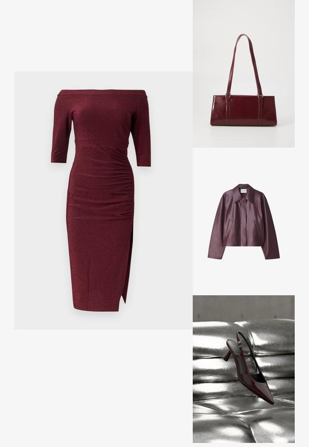 NA-KD Kunstlederjacke - burgundy; Burgunderrotes Off-Shoulder-Midikleid mit dreiviertel Ärmeln, geraffter Taille und seitlichem Schlitz vor einfarbigem Hintergrund.; Glänzender, dunkelroter Slingback-Pumps mit hohem Absatz und spitz zulaufender Vorderkappe, präsentiert auf glänzendem, silbernem, gesteppter Lederoberfläche.; Burgunderfarbene Handtasche aus glänzendem Material, rechteckige Form, mit zwei Schulterriemen und subtilen, geschwungenen Akzenten an der Vorderseite.