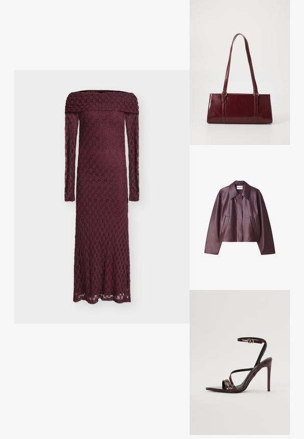 NA-KD Kunstlederjacke - burgundy; Bordeauxrotes Spitzenkleid mit langen Ärmeln und einem schulterfreien Ausschnitt, verziert mit einem Blumenmuster und einer figurbetonten Silhouette, die am Saum ausgestellt ist.; Bordeaux-farbenes Lackleder-High-Heel-Sandale mit einem Knöchelriemen, spitzem Zehenbereich und drei horizontalen Riemen über dem Fuß. Details mit goldfarbener Schnalle.; Burgunderfarbene Handtasche aus glänzendem Material, rechteckige Form, mit zwei Schulterriemen und subtilen, geschwungenen Akzenten an der Vorderseite.