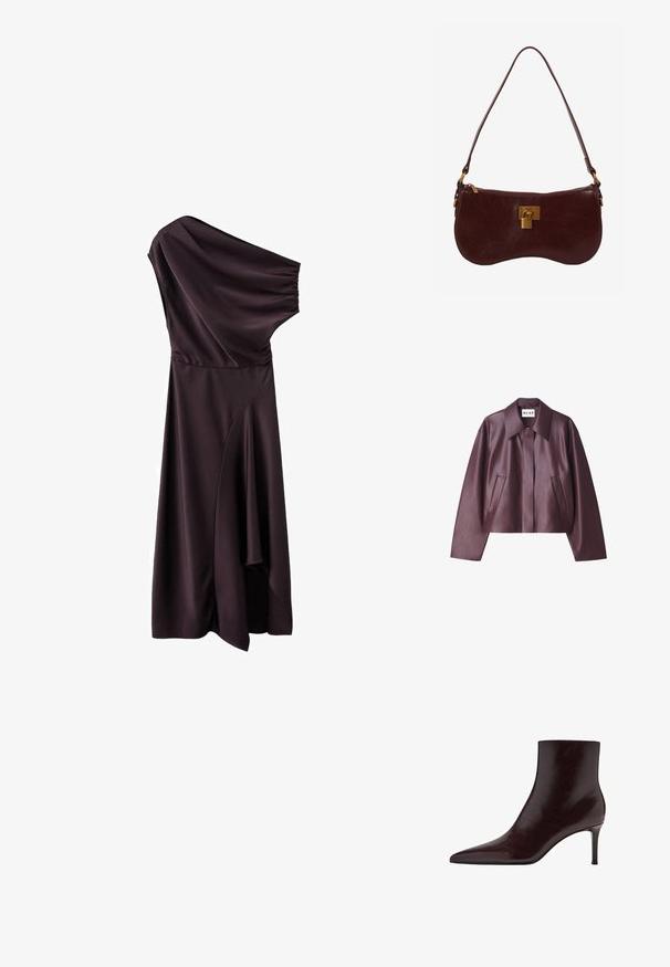 NA-KD Imiteret læderjakke - burgundy; Asymmetrisk dyb lilla satin kjole med et kort pufærme og draperet skørt detaljer.; Bordeaux læder ankelstøvle med spids tå, slankt design og høj stilettohæl. Glat tekstur med subtile korndetaljer.; Mørkebrun læder skuldertaske med buet form, gylden lynlås, lille gylden lås og justerbar rem mod hvid baggrund.