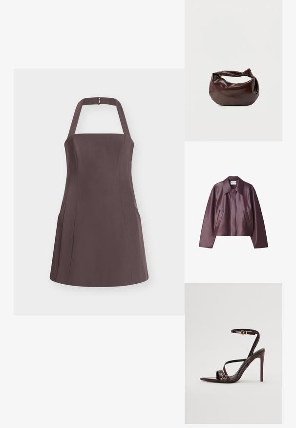 NA-KD Kunstlederjacke - burgundy; Braunes Neckholder-A-Linien-Kleid mit Nahtdetails und Schnallenverschluss am Hals, präsentiert vor einem schlichten weißen Hintergrund.; Bordeaux-farbenes Lackleder-High-Heel-Sandale mit einem Knöchelriemen, spitzem Zehenbereich und drei horizontalen Riemen über dem Fuß. Details mit goldfarbener Schnalle.; Dunkelbraune Lederschultertasche mit weicher, lockerer Form und einem gedrehten Knotengriff vor schlichtem weißem Hintergrund.