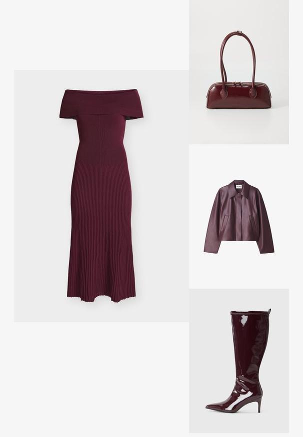 NA-KD Kunstlederjacke - burgundy; Bordeauxrotes, schulterfreies Kleid mit gerippter Struktur, figurbetontem Oberteil und ausgestelltem Saum. Aus dehnbarem Strickstoff für Komfort und Bewegungsfreiheit gefertigt.; Kniehohe Stiefel aus bordeauxfarbenem Lackleder mit spitz zulaufender Spitze und schlankem Absatz. Glatte Textur; figurbetontes Design mit Zuglasche an der Rückseite.; Burgunderfarbene Ledertasche mit geschwungener Form, doppelten Tragegriffen, Reißverschlussverschluss und dezenten Steppdetails. Glatte, hochglänzende Oberfläche.