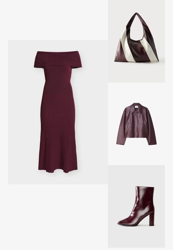 NA-KD Imiteret læderjakke - burgundy; Bordeauxfarvet off-shoulder kjole med ribbet struktur, tætsiddende krop og udvidet nederdel. Fremstillet af strækbar strikstof for komfort og bevægelsesfrihed.; Skinnende mørk bordeaux læderstøvle til midt på læggen med spids tå og blokeret høj hæl på neutral baggrund.; Stor trekantet lædertaske med brede diagonale striber i mørkebrun, bordeaux og cremefarver mod en ensfarvet baggrund.