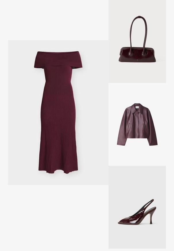 NA-KD Kunstlederjacke - burgundy; Bordeauxrotes, schulterfreies Kleid mit gerippter Struktur, figurbetontem Oberteil und ausgestelltem Saum. Aus dehnbarem Strickstoff für Komfort und Bewegungsfreiheit gefertigt.; NEOUS HAMAL - High Heel Pumps - dark chocolate; Dunkelbraune glänzende Lederhandtasche mit langen, dünnen Griffen und einer strukturierten rechteckigen Basis auf einfachem, hellem Hintergrund.