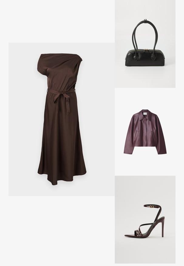 NA-KD Imiteret læderjakke - burgundy; Brun satin langærmet midi-kjole med én skulder, taljebånd og let udflaring ved kanten.; Bordeaux laker læder højhælede sandal med ankelrem, spids tå og tre vandrette remme over foden. Detalje med spænde i guldtonet.; Sort læder håndtaske med to langstrakte håndtag, lynlåslukning og afrundet form; glat tekstur med en subtil blank finish.