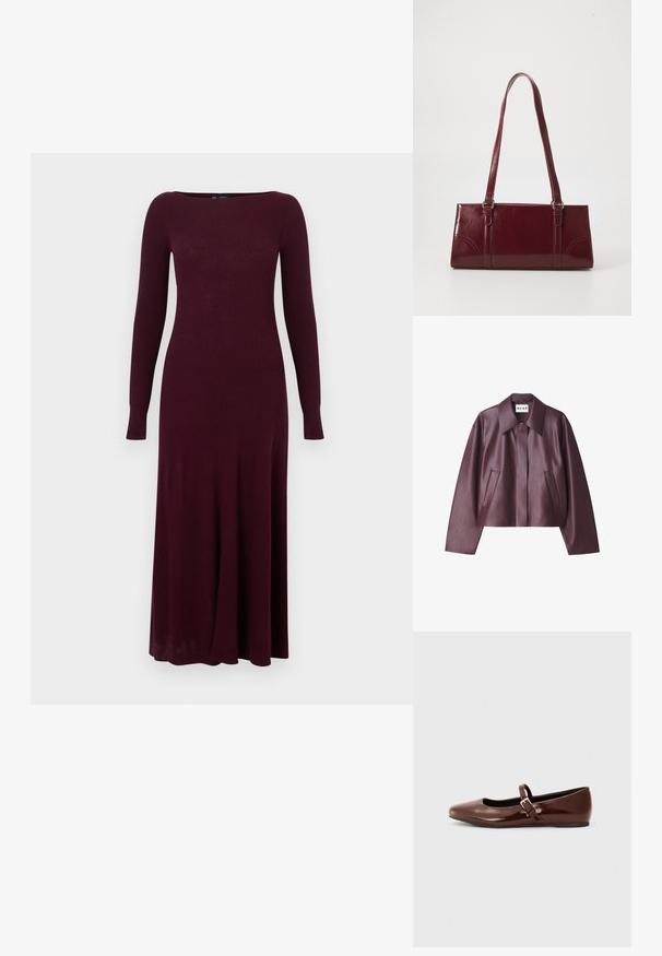 NA-KD Keinonahkatakki - burgundy; Viininpunainen, ribbineulottu pitkähihaisen mekko, jossa venepääntie, istuva yläosa ja levenevä helma, valmistettu pehmeästä, teksturoidusta kankaasta.; Kahvikuvioinen patentti-nahkainen balettipohja, jossa on neliskulmainen varvasosa ja nauha, jossa on pieni kultainen solki. Sujuva pinta, matala korko ja minimalistinen muotoilu.; Burgundin värinen käsilaukku, joka on valmistettu kiiltävästä materiaalista, suorakaiteen muotoinen, kahdella olkahihnalla ja hienovaraisilla kaarevilla aksentteilla edessä.