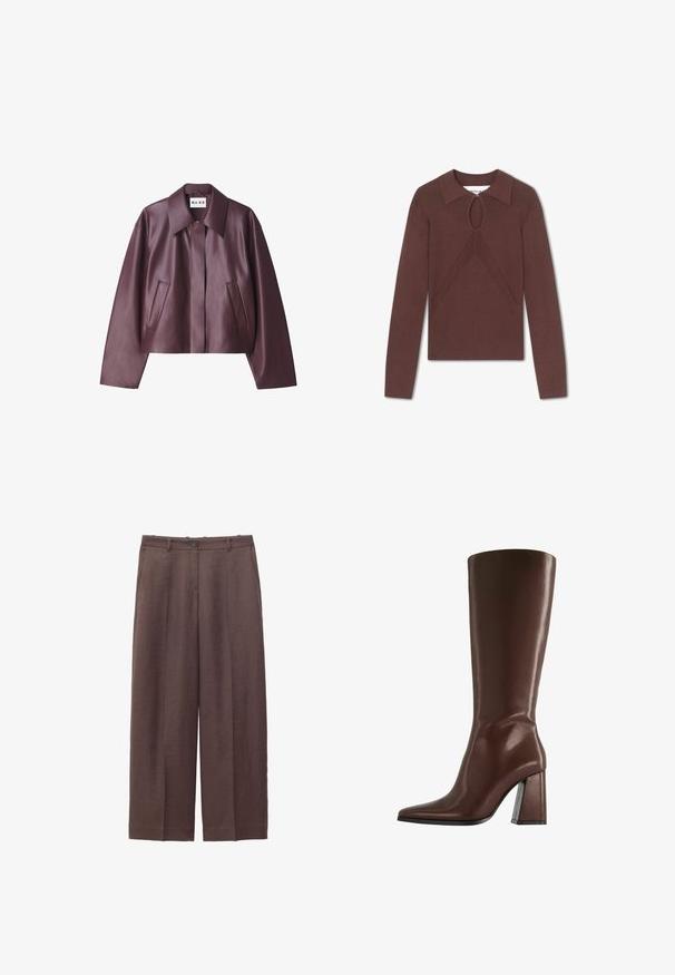 NA-KD Imitatieleren jas - burgundy; Bruine gebreide trui met een kraaghalssnit en een sleutelgatdetail. Heeft een geometrisch ontwerp aan de voorkant en lange mouwen.; Bruine wijde broek met riemlussen, knoop aan de voorkant, ritssluiting en zijzakken.; Bruine kniehoge leren laars met puntige neus en stevige hak van middelhoge hoogte, zijaanzicht op witte achtergrond.