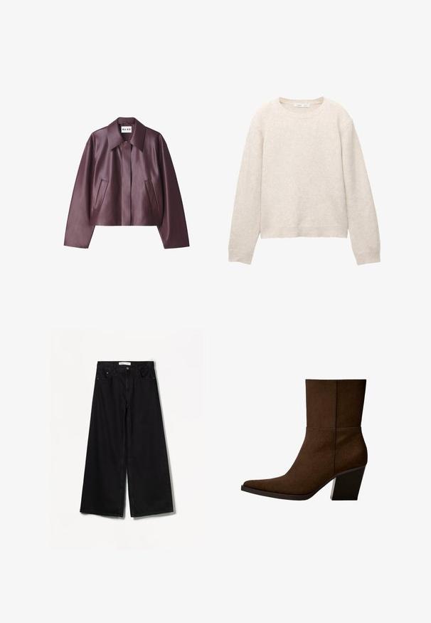 NA-KD Imiteret læderjakke - burgundy; Beige strikket rundhalset sweater med lange ærmer og ribbede manchetter og kant, lagt fladt på en hvid baggrund.; Sorte bredbenede jeans lavet af denim. Har en høj talje, for- og baglommer samt sølvfarvet hardware på knap- og lynlåslukningen.; Brun ruskinds ankelstøvle med spids tå og kraftig hæl, der har et minimalistisk design og en glat tekstur mod en hvid baggrund.