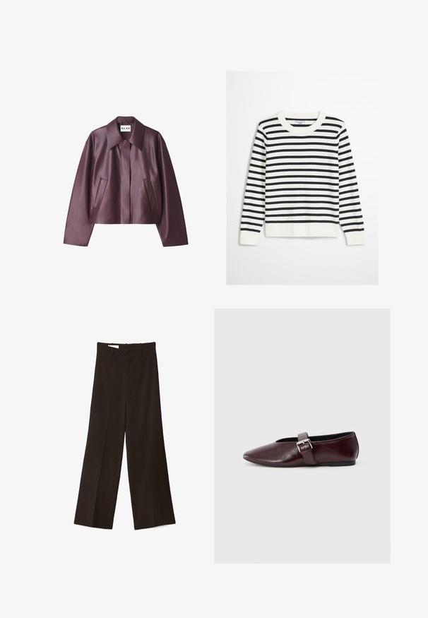 NA-KD Imiteret læderjakke - burgundy; Sort-hvid stribet pullover, der har rund ribhals og ribkanter ved ærmerne, lavet af blødt stof med en afslappet pasform.; Sorte bukser med vidde i benene, forsynet med forreste knap og bæltestropper, lagt fladt ud på en hvid baggrund.; Bordeaux læder ballerina sko med spidse tæer, flad sål og en dekorativ spænde-strop over vristen. Glat, blank tekstur.