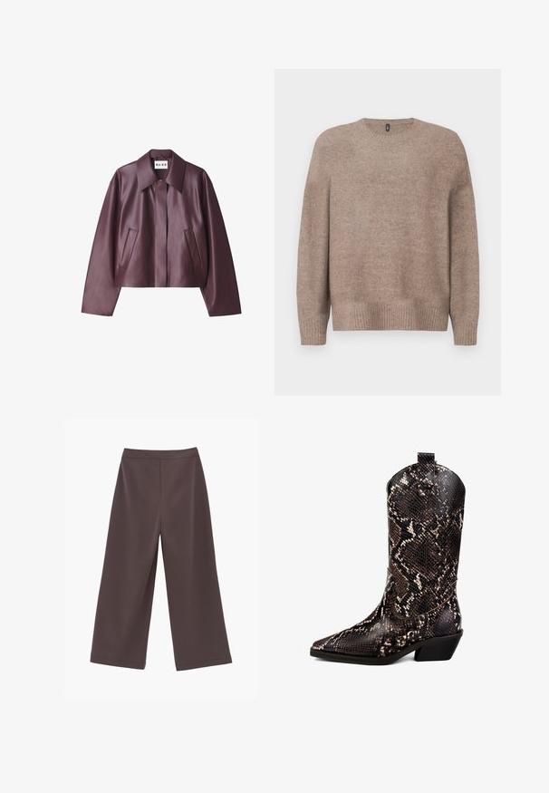 NA-KD Kunstlederjacke - burgundy; Beiger Strickpullover mit rundem Halsausschnitt, langen Ärmeln, geripptem Saum und Bündchen, mit einer weichen, strukturierten Oberfläche.; Weit geschnittene, kurz geschnittene Hosen in Dunkelbraun mit hoher Taille und sauberen Frontnähten, dargestellt vor einem schlichten weißen Hintergrund.; Braune und beige Schlangenleder-Westernstiefel mit spitzem Schuhzahn, strukturiertem Leder und niedrigem Blockabsatz. Verfügt über ein gesticktes Design und eine Zuglasche.