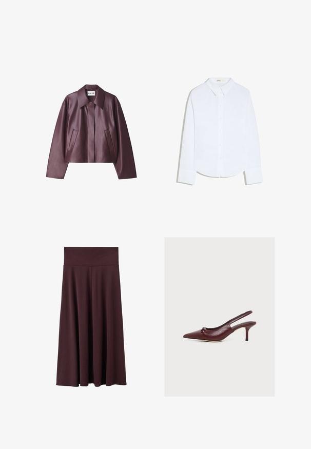 NA-KD Kunstlederjacke - burgundy; Weißes langärmliges Hemd mit Knopfleiste, Kragen und Manschetten, leicht geschwungenem Saum, dargestellt vor weißem Hintergrund.; Midirock in kastanienbraun aus weichem Stoff mit breitem, elastischem Bund. Verfügt über ein fließendes Design, das zum Saum hin leicht schmaler wird.; Bordeauxfarbener Leder-Spitzpumps mit kleinem Kittenabsatz und dekorativem Knoten am Obermaterial.