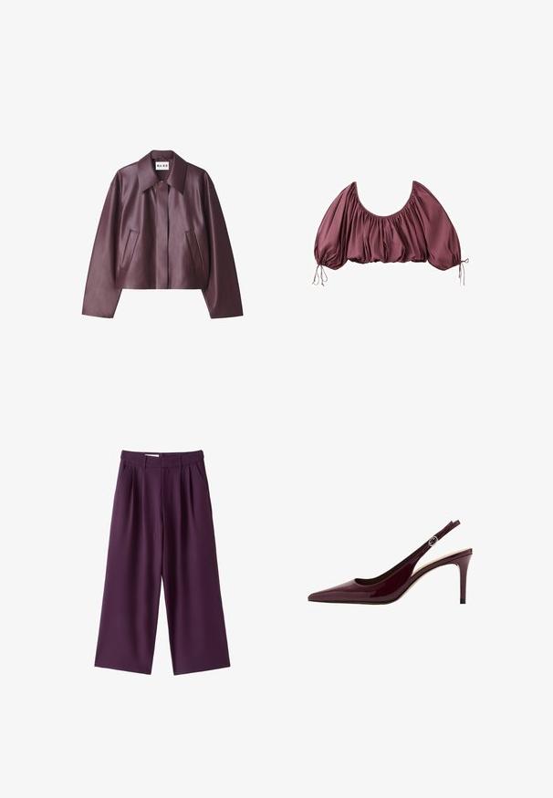 NA-KD Imiteret læderjakke - burgundy; Beskåret, off-shoulder bluse i dyb mauve med samlet stof og elastiske pufærmer, bundet ved håndleddene.; Bukser med høj talje og vide ben i mørk lilla med forreste plisseringer, sidelommer og bæltestropper.; Blank mørkerød slingback sko med høj hæl, spids tå og justerbar rem spænde på hvid baggrund.