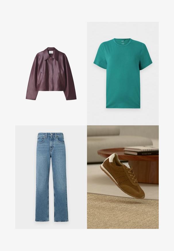 NA-KD Imitatieleren jas - burgundy; Effen turquoise T-shirt met korte mouwen en ronde hals, eenvoudig ontwerp met zichtbare stiksels op mouwen en zoom, weergegeven op een witte achtergrond.; Blauwe hoge taille rechte denim jeans met een voorste knoop en zakken op een witte achtergrond.; Bruine suède sneaker met wit hieldetail, verhoogd boven een beige tapijt, ronde houten salontafel met gestapelde boeken in een zacht verlichte woonkamer.